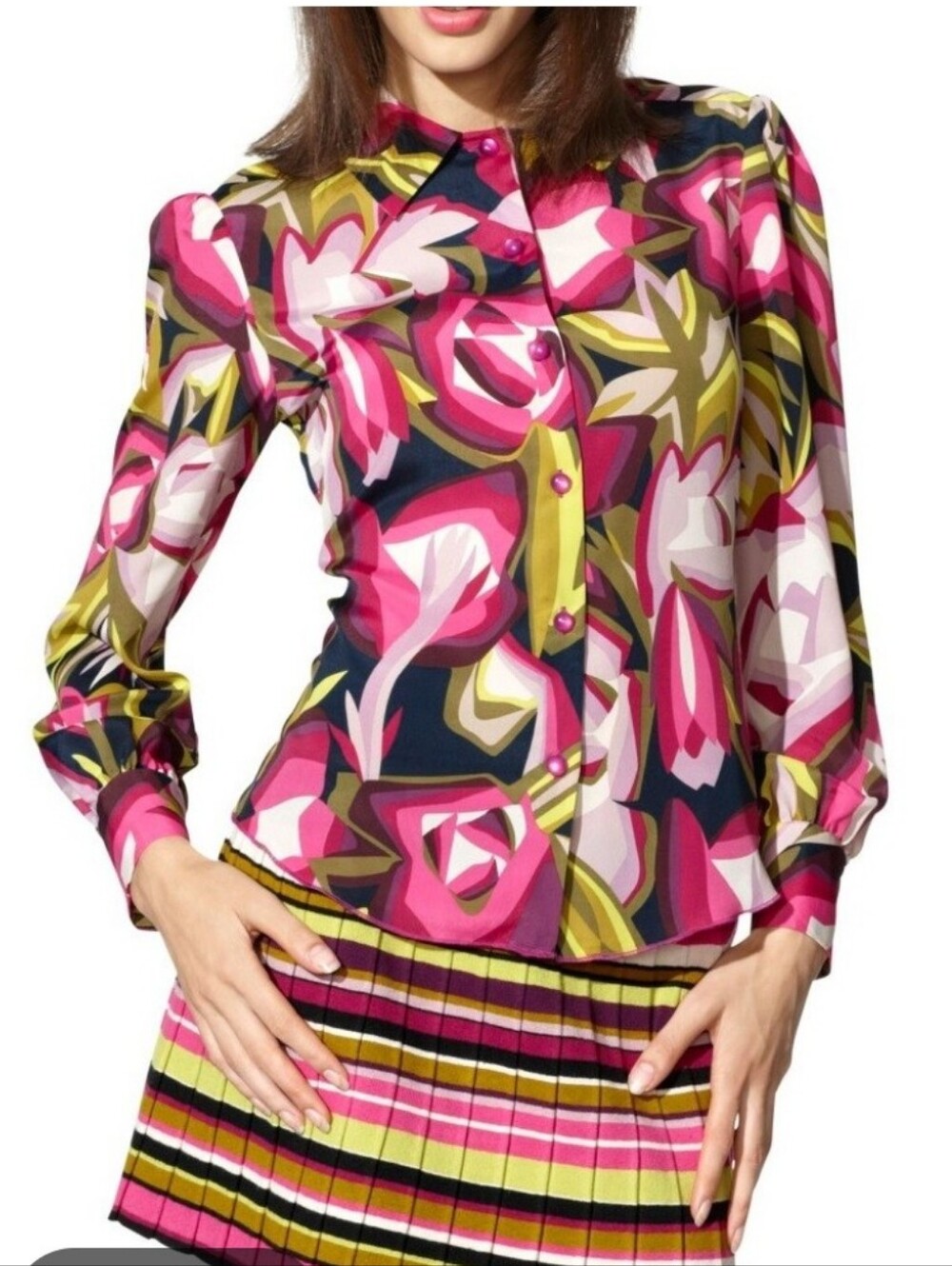 MISSONI for Target Floral Women’s Button-Up Blouse 90s Designer Pink Y2K Elle